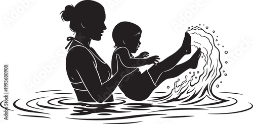 Mother and child playing in water, parent having fun with son or daughter at pool.