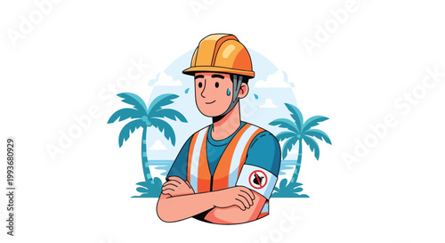 Construction worker with safety gear and mosquito repellent armband in tropical environment isolated on white background