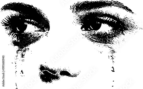 High contrast black and white crying portrait with black tears and visible nose for emotional poster and editorial background design