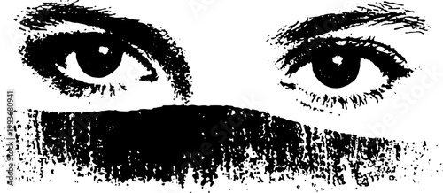 High contrast ink stencil portrait eyes with halftone brush texture for background and poster design