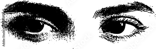 High contrast ink portrait closeup eyes with halftone stipple texture for background and poster design