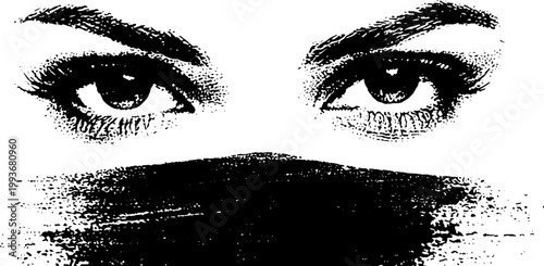 High contrast ink stencil portrait eyes with halftone brush sweep for background and poster design
