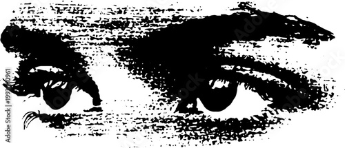 High contrast black and white ink portrait eyes with distressed brush texture for background and poster design
