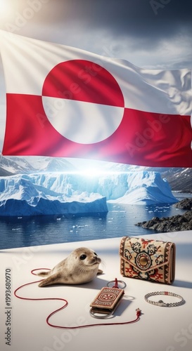 Greenland national flag, waving proudly during National Day festivity, commemorating cultural heritage on June twenty first.