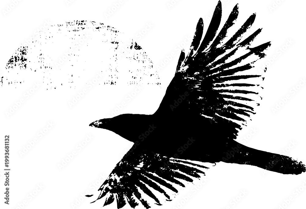 Fototapeta premium Black ink raven in flight with distressed halo sun element for poster and wallpaper background design
