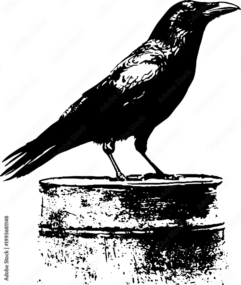 Naklejka premium High contrast black and white ink illustration of a raven standing on a metal drum for gothic poster and sticker design background