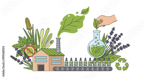 Industrial production line of organic natural essential oils from botanical herbal extracts isolated on white background