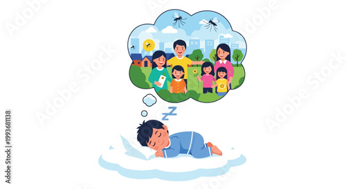 Child sleeping peacefully while dreaming about a happy family protected from mosquito insects isolated on white background