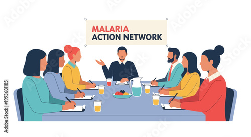 Professional team having a strategy meeting at the Malaria Action Network corporate office isolated on white background