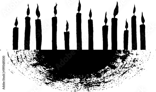 High contrast black and white ink illustration of a semicircle of lit candles on a textured base for poster and background design