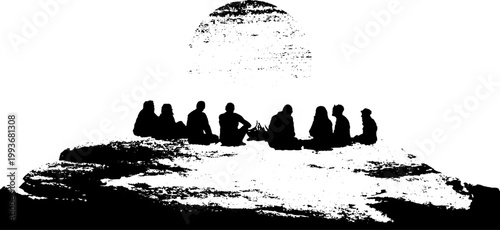 High contrast black and white ink illustration of a silhouetted ritual circle on a cliff with rising sun for poster and background design