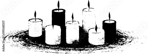 Black and white grouped pillar candles on ink base background for ritual altar banner and meditation design