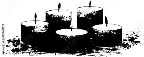 Black and white round tealight style candles on textured ink surface for ritual background and relaxation design
