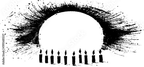 Black and white ritual eye brushstroke with row of candles for occult mystical banner and symbolic background design
