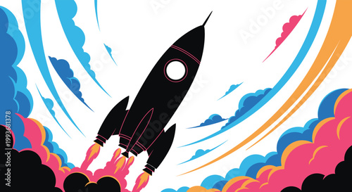 A vibrant illustration depicts a rocket launching upwards amidst colorful swirls and flames creating a dynamic scene silhouette high quality