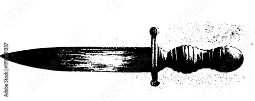 High contrast black and white ritual dagger ink artwork with rounded handle and gritty blade texture for tattoo design background stencil and poster