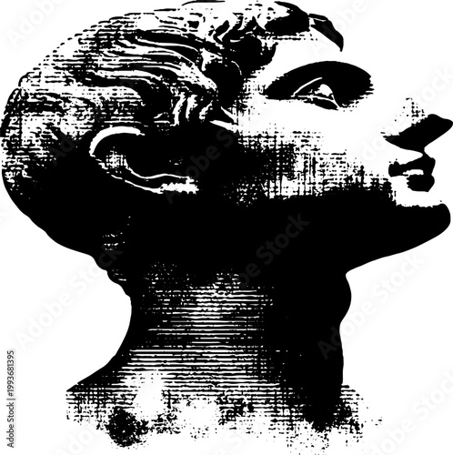 High contrast black and white roman bust profile ink rendering with textured halftone grain for background and poster design