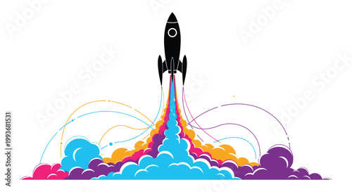 A rocket ascends powerfully against a vibrant colorful backdrop emphasizing launch and ambition a striking silhouette high quality professional detailed modern
