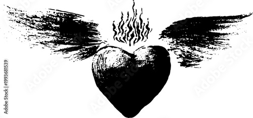 High contrast black and white sacred heart with wings and flames for tattoo design background and poster