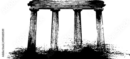 High contrast black and white ancient temple columns with grunge base for background and poster design