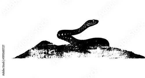 Minimal black and white serpent ink silhouette on textured ground for logo emblem or tattoo design