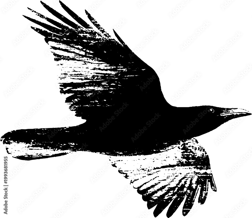 Fototapeta premium High contrast black and white flying crow silhouette ink artwork for poster background and apparel print