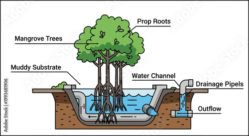 Diagram of mangrove tree root system with drainage pipes and water channel components isolated on white background