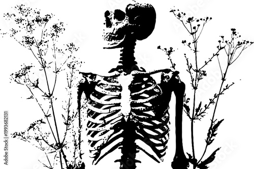 Standing skeleton overgrown with plants high contrast black and white background for botanical gothic poster design