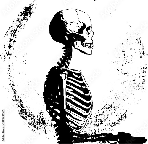 Black and white high contrast skeleton standing with sacred rays ink traced composition for gothic poster background and mystical design