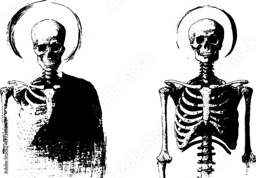 Twin high contrast black and white ink saintly skeletons with circular halos for religious gothic background and poster design