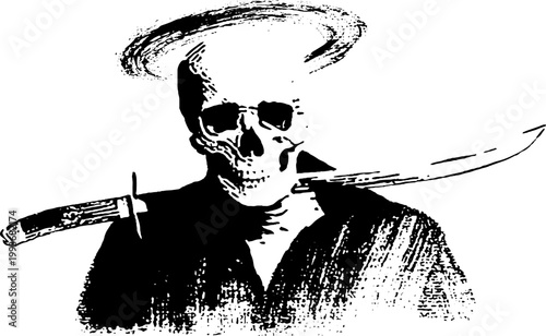 High contrast black and white skeleton with sword and halo for edgy poster background and emblem design
