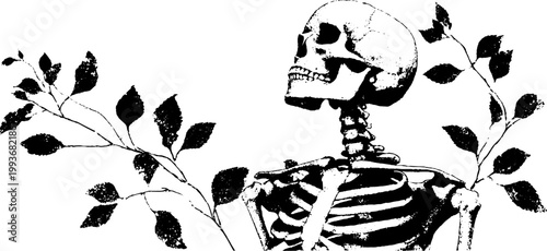 High contrast black and white skeleton wrapped in thorn vines for gothic poster background and botanical design