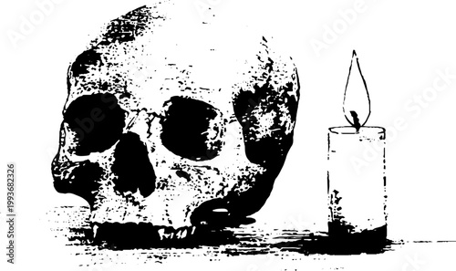 Frontal skull and lit candle in high contrast black and white ink for gothic poster banner tattoo flash and sticker design