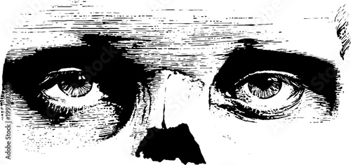 Skull with eye growing from forehead high contrast black and white ink artwork for surreal poster background and banner design