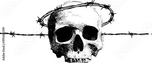High contrast black and white frontal skull with barbed wire halo and barbed line for tattoo background, poster and emblem design