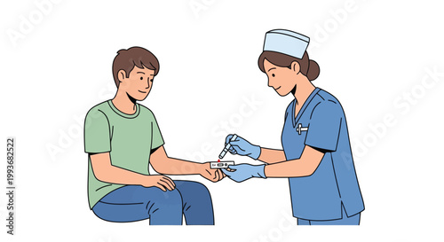 Nurse performing rapid finger prick blood test for patient at medical clinic facility isolated on white background