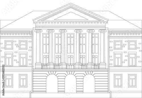 Architectural drawing of a large building with columns and arches