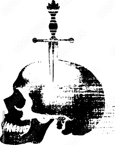High contrast black skull pierced by a ritual dagger through the forehead for gothic banner design and macabre background