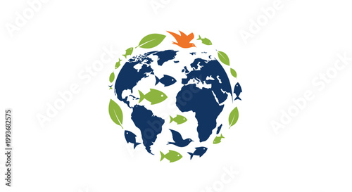 Earth Globe with Leaves and Bird.