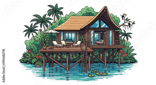 Luxury tropical bungalow on stilts over water with palm trees and lush forest surroundings isolated on white background