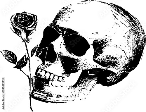High contrast black and white ink skull holding a rose illustration for poster, tattoo and background design with vintage texture