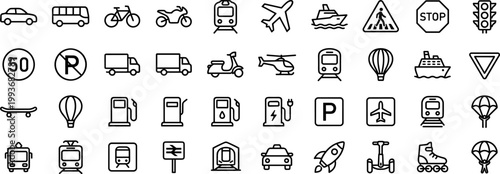 A set of black line style icons depicting various modes of transportation and travel related symbols, isolated on white background