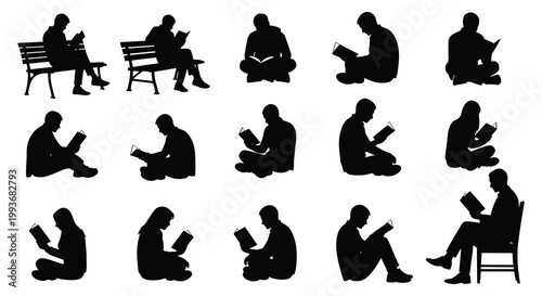 A collection of black silhouettes depicting people engrossed in reading seated and relaxed in various positions silhouette high quality professional detailed