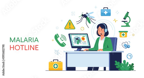 Customer service operator at computer providing support for malaria hotline health services isolated on white background