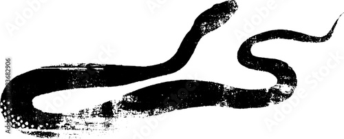 High contrast black ink elongated snake in flowing brush texture with distressed edges for tattoo design poster background and decorative artwork