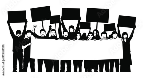 A diverse group of people holding protest signs and a banner depicted in a striking black silhouette high quality professional detailed