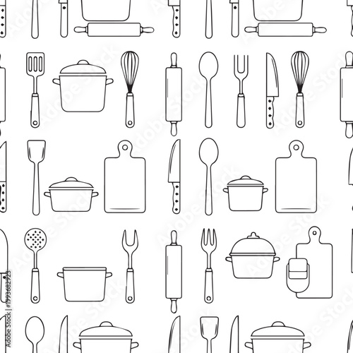 Seamless line art pattern featuring kitchen utensils and cookware silhouettes in a classic culinary theme.