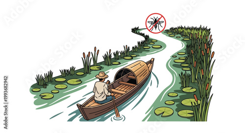 Traditional boatman rowing through wetland area with mosquito warning sign vector illustration isolated on white background