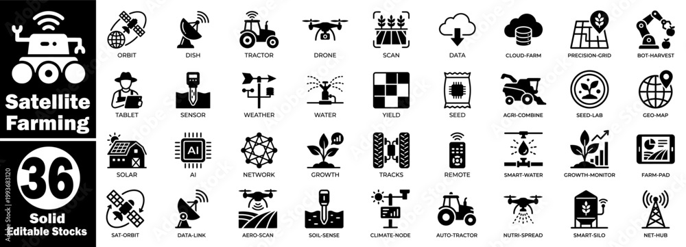 Obraz premium Satellite farming solid editable stocks. Featuring smart agriculture technology icons, drones, sensors, tractors, cloud data, yield analysis, and farm management vector.