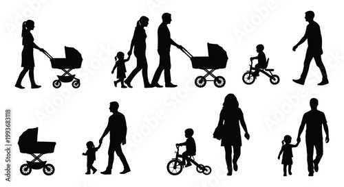 A family enjoys a walk together including parents children and strollers presented in a striking silhouette high quality professional detailed modern